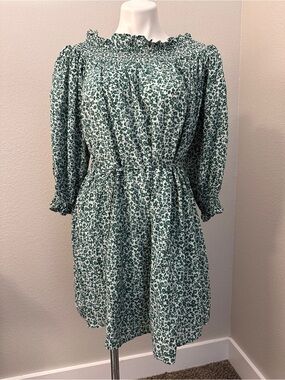 LOFT Green Floral Smocked Neck Long-Sleeve Dress